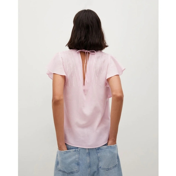 Mango pastel pink Pleamar ruffle sleeve v-neck textured tie back blouse - Picture 2 of 6
